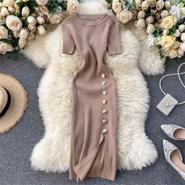 Mulheres Golden Boton Bodycon Dress Senhoras Elegante Escritório Desgaste Vestidos Primavera Verão De Manga Curta De Malha Longo Robe Vestidos 210525