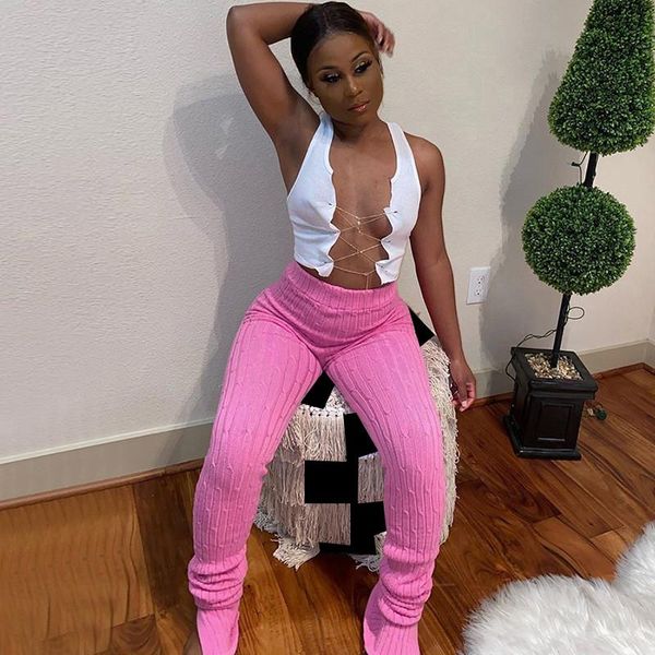 

women's pants & capris women stacked knitted pant leggings 2021 autumn winter sporty elastic high waist solid casual skinny fitness str, Black;white