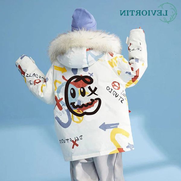 

brand white down jacket women 2021 winter couple's thickened warm hooded fur collar fashion little devil print hip hop, Black