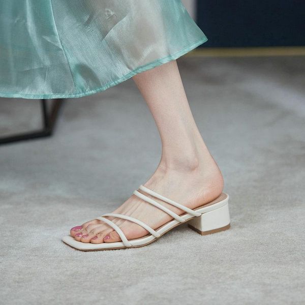 

slippers 2021 beach genuine leather women sandals med heel casual ladies shoes outdoor female slides, Black