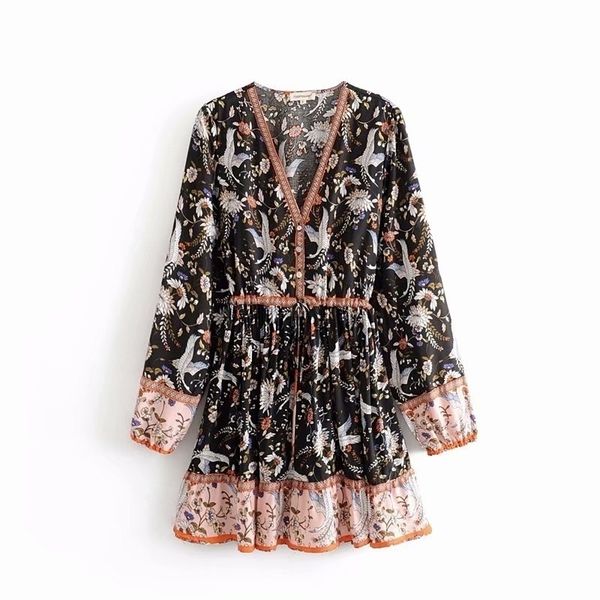 

women vintage crane flower print hem ruffles mini dress ladies long sleeve patchwork lace up vestidos casual slim dresses ds2972 210309, Black;gray