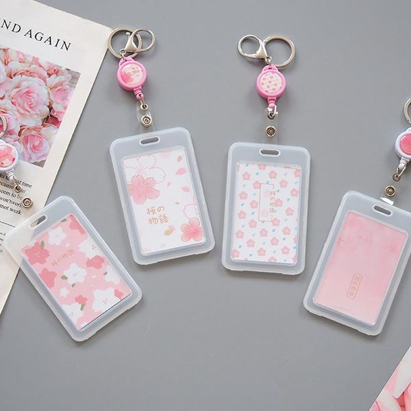 

card holders simple, fresh and cute cherry, cherry blossom transparent badge with retractable keychain plastic box girl gift, Brown;gray