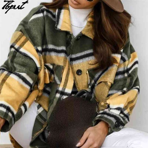 

casual plaid jacket women turn down collar pocket long sleeve cotton shirt coat female loose vintage warm outerwear 210922, Black;brown