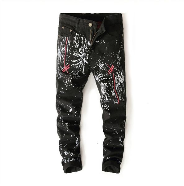 

2021 men's male fashion dragoy embroidery printed jeans black slim-fit painted long pants trousers 876e, Blue