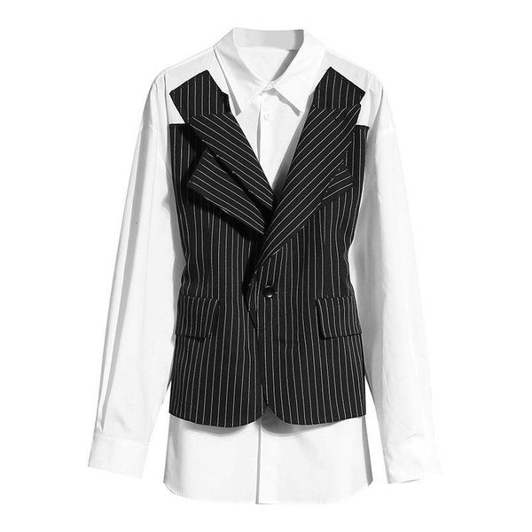 

deat] women black striped split big size blouse new lapel long sleeve loose fit shirt fashion tide cap sleeve spring summer 2021, White
