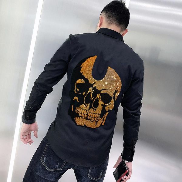 

men's casual shirts youth spring t-shirt luxury rhinestone design business long sleeve pure color diamond skull slim fall, White;black