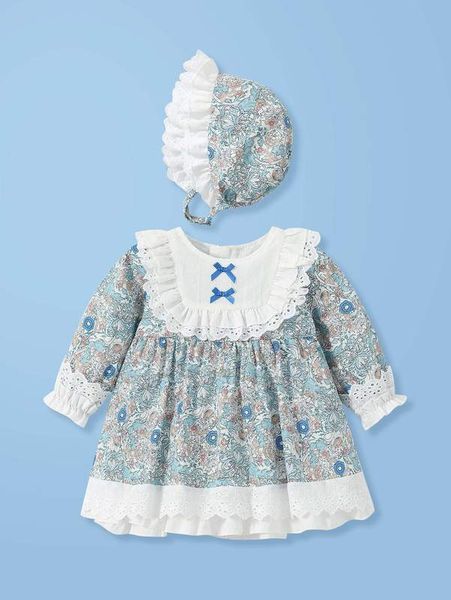 

baby floral print bow front lace trim dress with hat she, Red;yellow