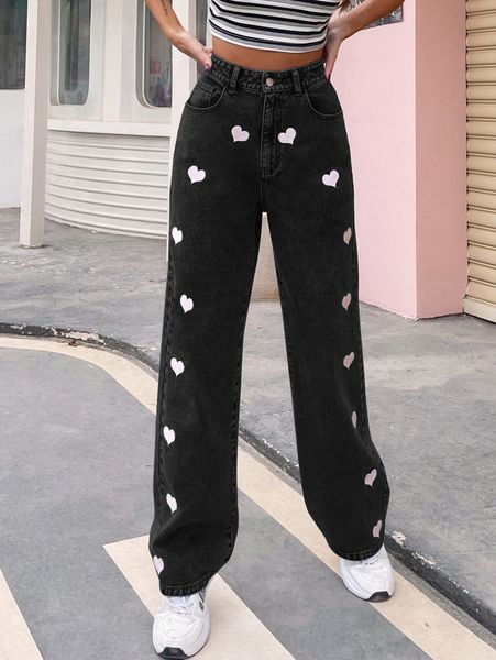 

heart print wide leg jeans 002r#, Blue