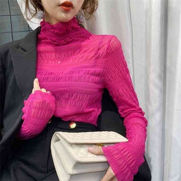 

lady mesh lace shirt pleated long-sleeved women fashion autumn and winter slim-fit solid color casual blouse p029 210527, White