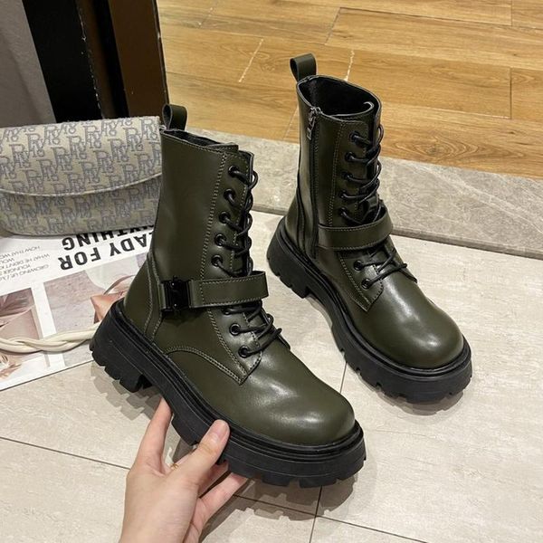 

boots british style women's autumn 2021 round toe lace thick bottom fashion buckle wild nude, Black