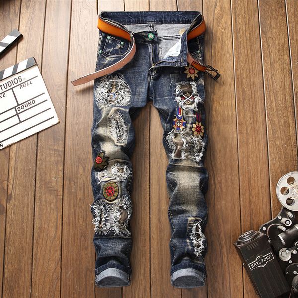 

2021 new autumn winter men's patchwork ripped embroidered stretch jeans trendy holes straight denim trouers 06ie, Blue