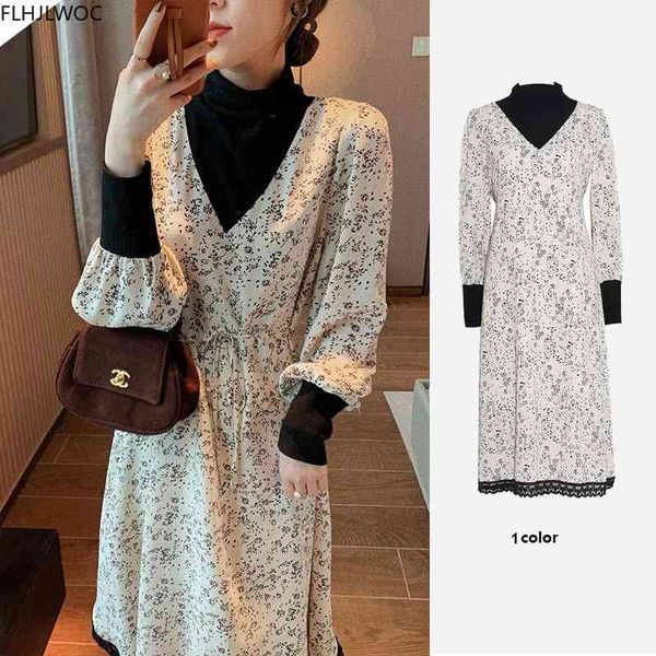 

casual dresses women winter spring basic wear long sleeve floral print patchwork elegant retro vintage faux two piece turtleneck d, Black;gray