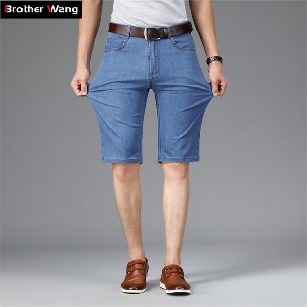 Летние мужские тонкие короткие джинсы бизнес мода классический стиль светло-голубой эластичная сила джинсовые шорты мужской бренд одежда 210716