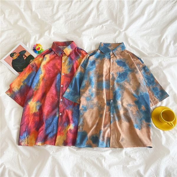 

2021 new deeptown tie dye print womens korea stijl blouse plus size harajuku vrouwen kleding losse zomer knop omhoog shirt 76mw, White