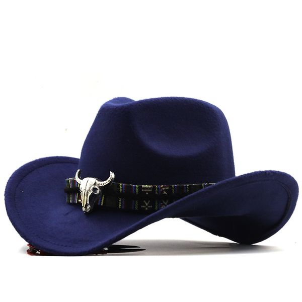 

europe us cross border western cowboy hat horn woolen jazz hats men and women ethnic style big - brimmed cap a4, Blue;gray