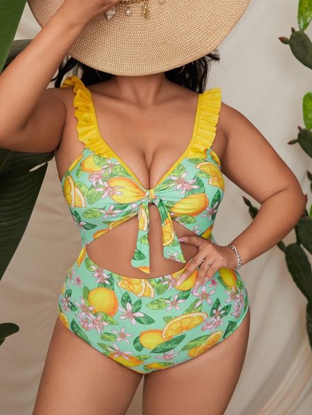 

plus lemon print cut-out one piece swimsuit h6ht#, Black