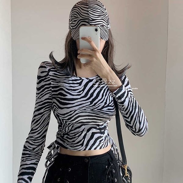 

womengaga spring round neck drawstring tie irregular animal print pleated zebra bandage t-shirt tshirt vintage zhqq 210603, White