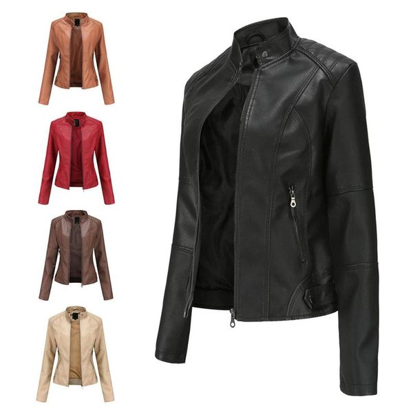 

women's leather & faux stand-up collar zipper stitching solid color slim fit long sleeve motorcycle jacket outerwear#g3, Black