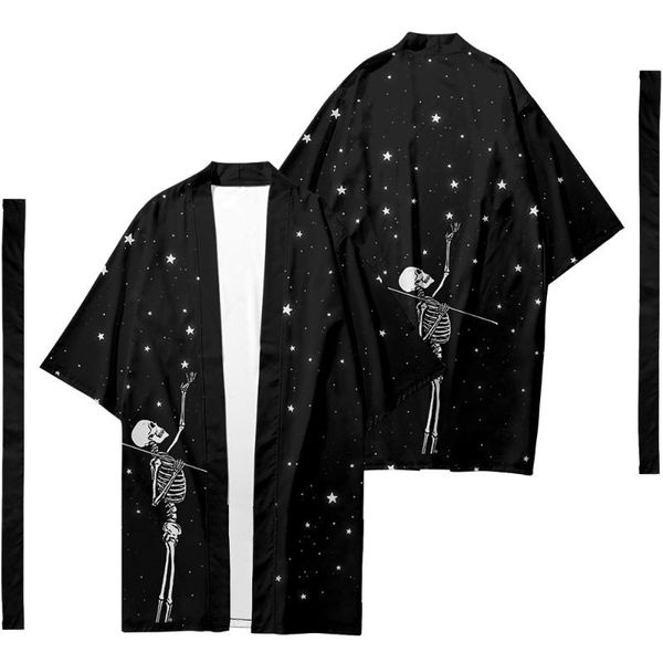 

ethnic clothing starry sky skull printed long style kimono cardigan with belt japanese couple women men casual asian clothes harajuku, Red
