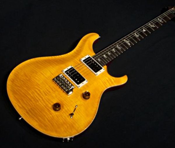 Spedizione gratuita Private Stock Paul Smith Yellow Flame Top in acero Chitarra elettrica Corpo in mogano bianco, intarsio di uccelli, ponte tremolo Whammy Bar