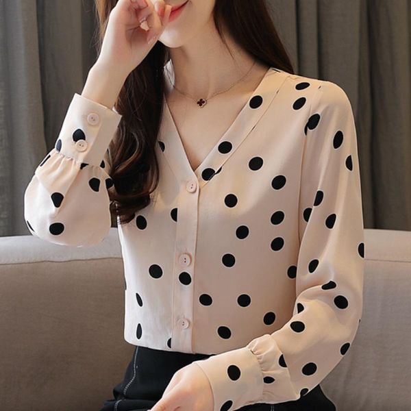 

women's blouses & shirts woman 2021 long sleeve dot apricot chiffon blouse women v-neck blusas womens and b704, White
