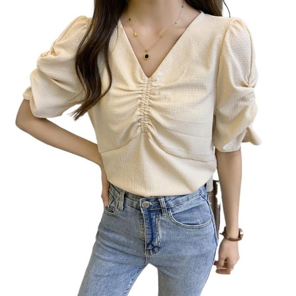 

women's t-shirt short sleeve v-neck chiffon shirt puff clavicle women 2021 summer korean fashion clothing y2k, White