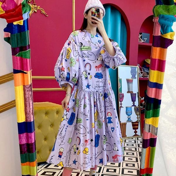 

korea chic playful age reducing women dress childlike graffiti print round neck loose lantern sleeves big swing doll female, Black;gray