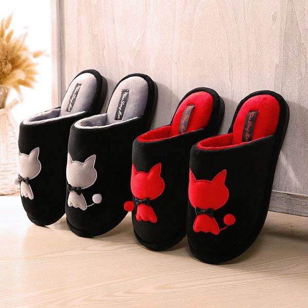

women home flat cat slippers winter cotton warm woman fashion soft house shoes short plush comfort female couple style plus size, Black