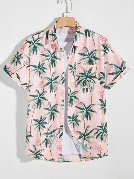 

men flamingo & tree print hawaiian shirt r2oo#, White;black