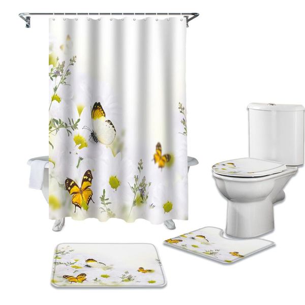 

shower curtains 4pcs/set butterfly daisy flower petals print curtain bathroom toilet cover mat non-slip rug set bathtub decor