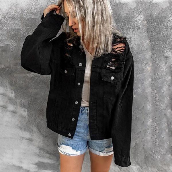 

women's jackets hole denim vintage fashion women autumn winter long sleeve outcoat pockets jean outwear single breasted lapel streetwea, Black;brown