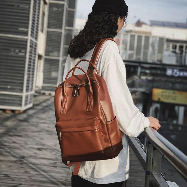 

backpack large capacity college style simple solid color retro couple pu soft leather student schoolbag