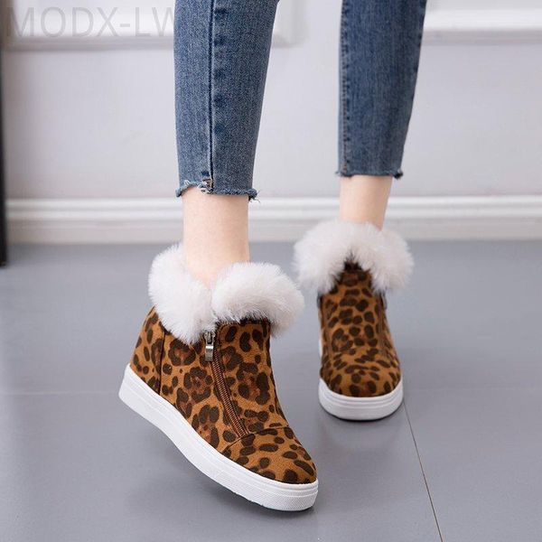 

boots fashion ankle snow comfortable winter warm casual zipper platform suede punk shoes women leopard print ladies, Black