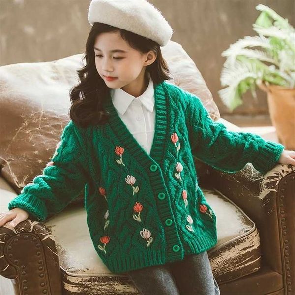 Outono Crianças Outerwear Roupa Roupa Meninas Bordado Cardigan Cardigan Bebê Suéters Miúdos Mistura de Lã-Roupas Bonito Sweater 211104