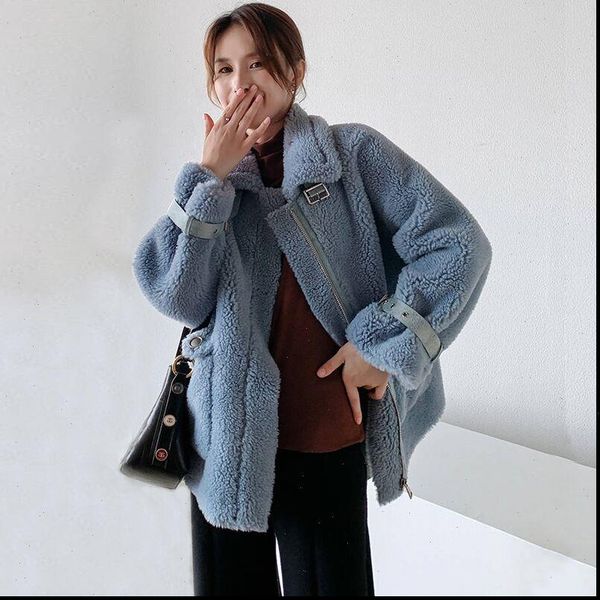 

women 2021 autumn winter faux lamb fur sheepskin coat genuine granular sheep shearing jacket female casual warm outerwear, Black