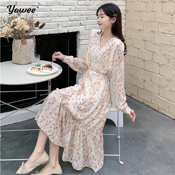 

casual dresses yawee summer calf long dress women floral print boho chiffon sleeve shirt ladies vestidos 2021, Black;gray