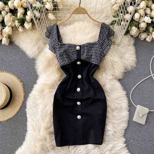 

spring and summer feminine dress women fashion square neck sleeveless backless plaid stitching vestidos r378 210527, Black;gray