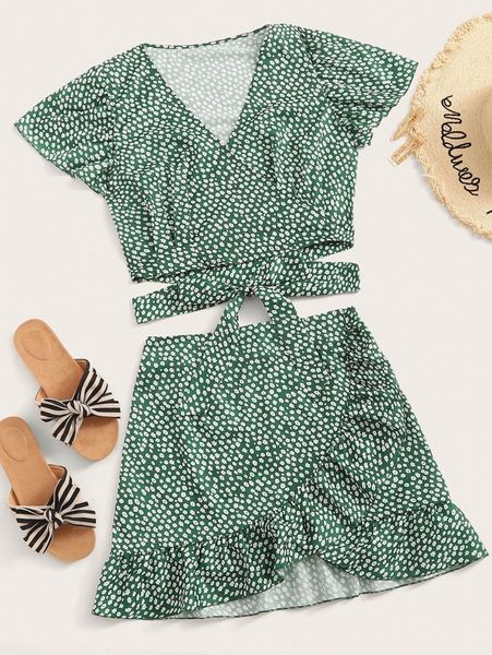 

ditsy floral crop & ruffled mini skirt set x2b9#, White