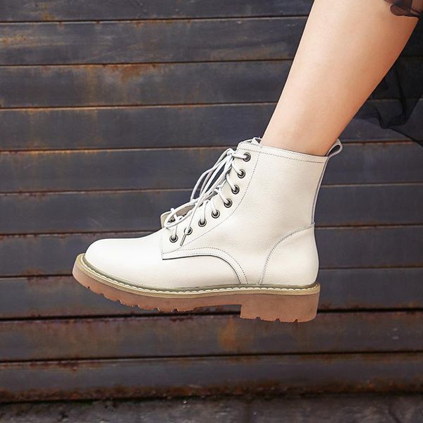 

boots eshtonshero woman shoes ankle leather+ pu black lace up flat heel women round toe ladies motorcycle size 3-10