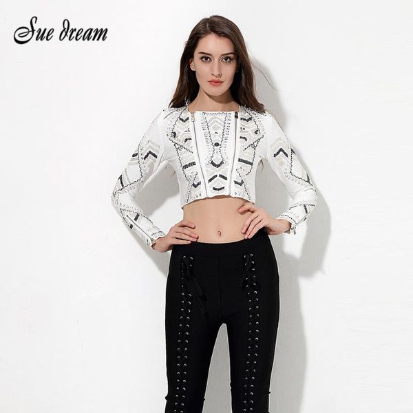 

women's jackets 2021 summer style women fashion long sleeve o- neck hight waist beading print geometric club party white black jacket, Black;brown