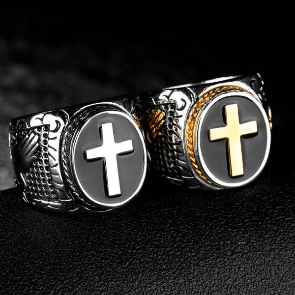 

wedding rings christian holy jesus cross prayer german eagle enamel ring templar for women men stainless steel black religious, Slivery;golden