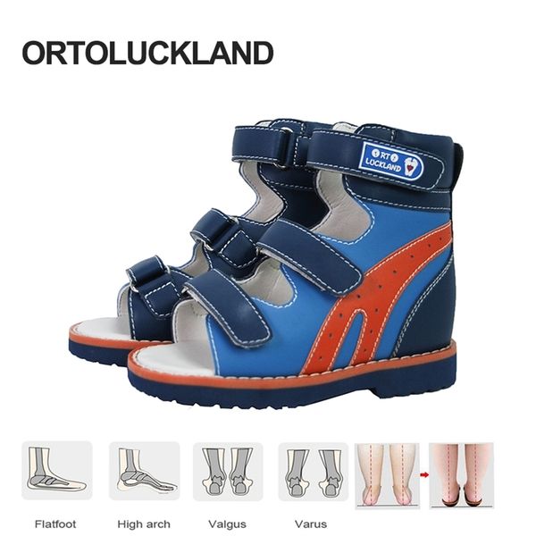 Ortoluckland Crianças Correndo Sandálias de Couro Crianças Flatfoot Sapatos Ortopédicos Boys Summer Blue Chaussure para Criança 210306