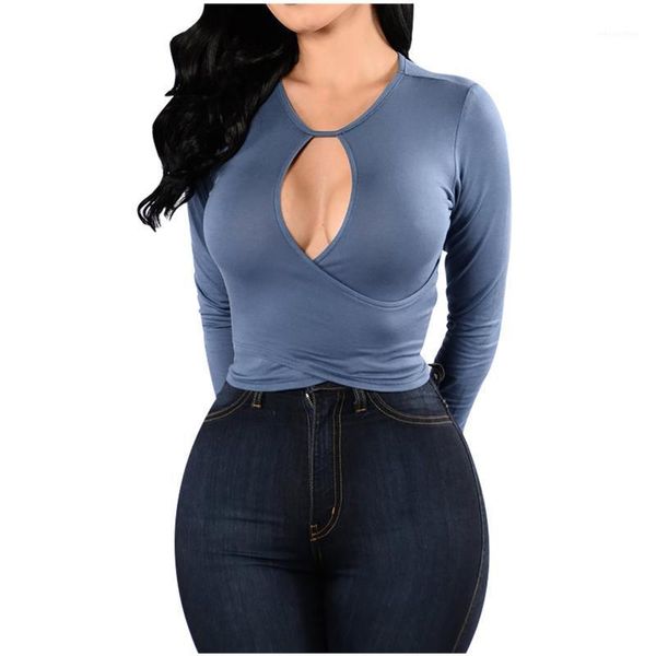 

yoga outfit fashion women t-shirts solid color long sleeve chest hollow out overlap slim casual elegant pullover ropa mujer shirts