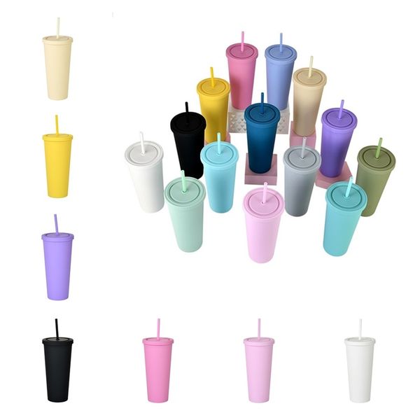 

new home kitchen bar tools 14 colors drinkware double-deck plastic straw cups coffee cup 22oz straight cup plastic mugs zc066