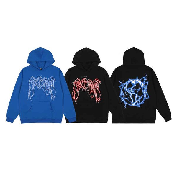 

21 autumn and winter tide brand revenge thunder lightning print hip hop men's and women's couple's plush hoodie, Black