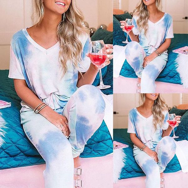 

2021 new fashion women clothes tie-dye printed home dress two-piece set, White