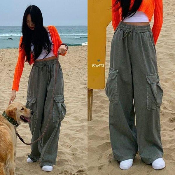 

women's pants & capris autumn korean solid color girl retro overalls female casual loose wide leg hip-hop cargo pocket lace up trousers, Black;white