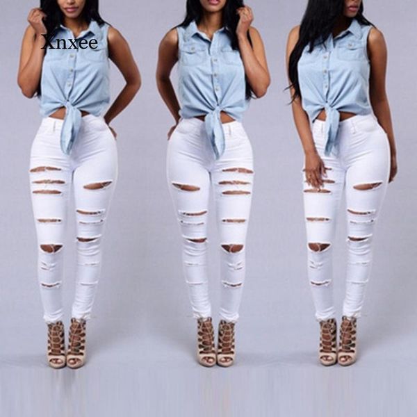 

women's pants & capris 2021 summer skinny jeans ladies ripped pencil high waist casual white stretch, Black;white