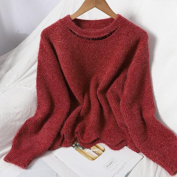 

winter fashion wave hem pullover crew neck sweater coat looks thin and versatile, korean plush bright silk knitted top, White;black