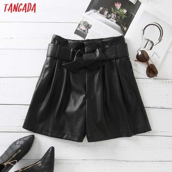 

tangada women elegant black faux leather skirt shorts with belt pockets ol shorts pantalones am14 210609, White;black